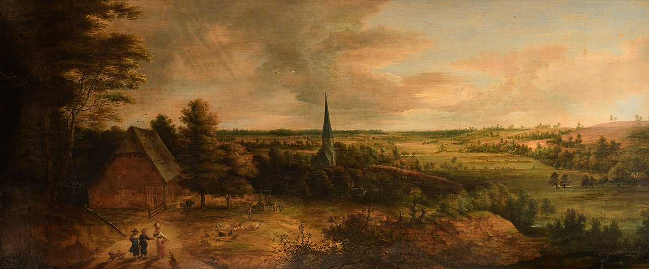 Lucas van Uden: English: Panoramic landscape with shepherds and peasants