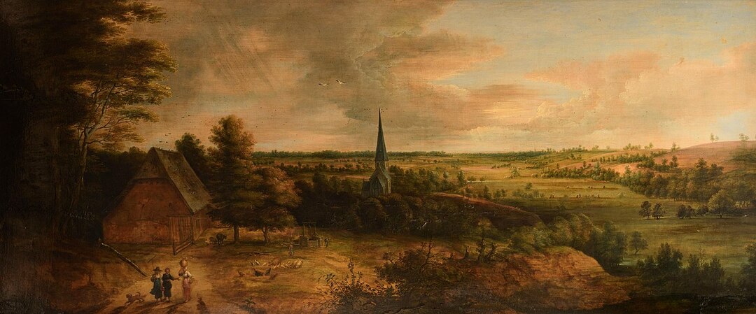 Lucas van Uden: English: Panoramic landscape with shepherds and peasants
